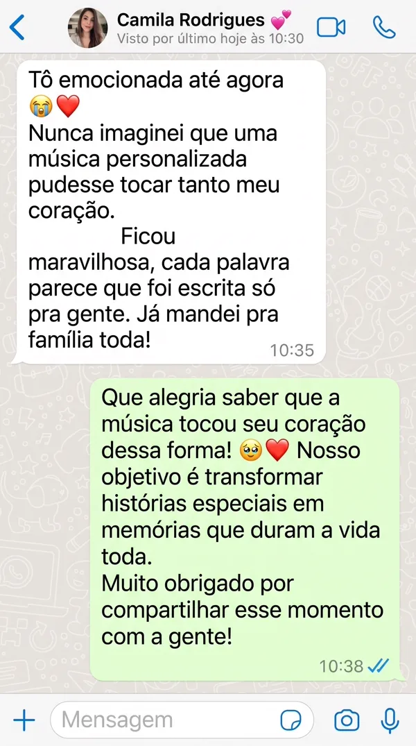Print de depoimento real de Camila Rodrigues no WhatsApp
