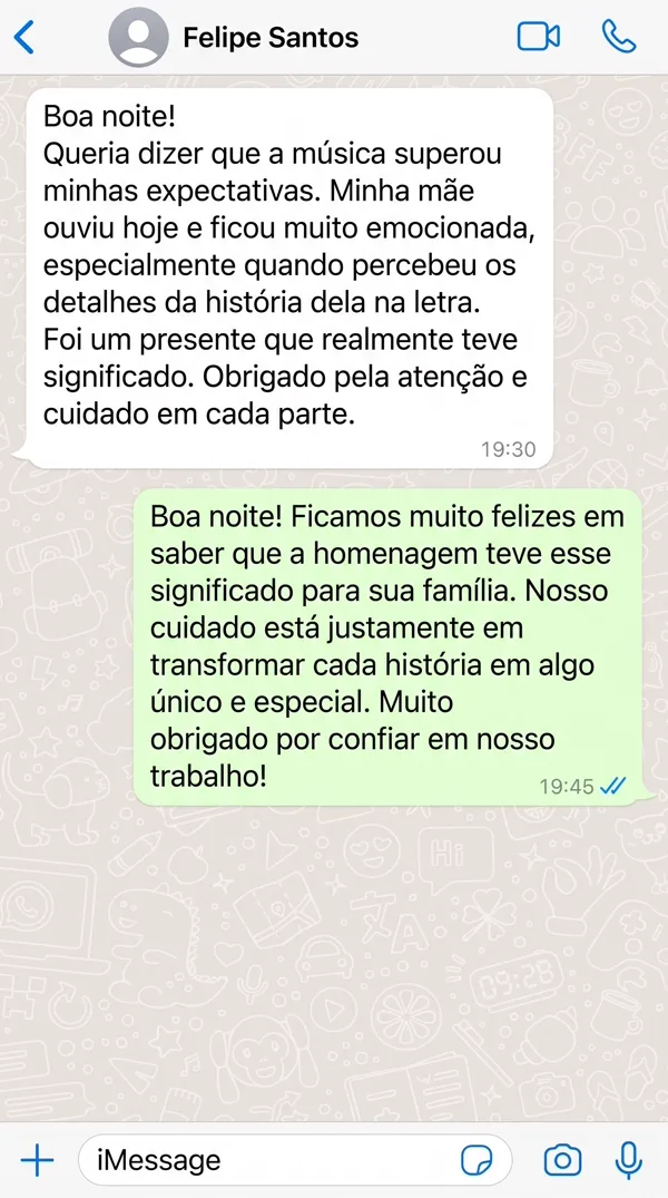 Print de depoimento real de Felipe Santos no WhatsApp